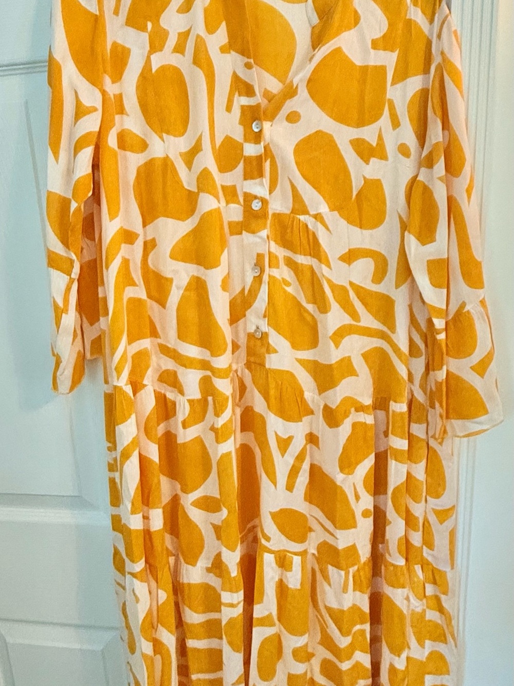 Sunshine Creamsicle Print Button-Front Tiered Long-Sleeve Dress